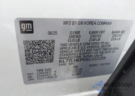 2025 Chevrolet Trax Fwd Lt z USA, uszkodzony, nr VIN KL77LHEP0SC322159